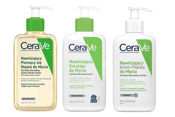 CeraVe nawilżający pieniący się olejek do mycia twarzy, CeraVe nawilżający krem - pianka do mycia twarzy, CeraVe nawilżająca emulsja do mycia twarzy  